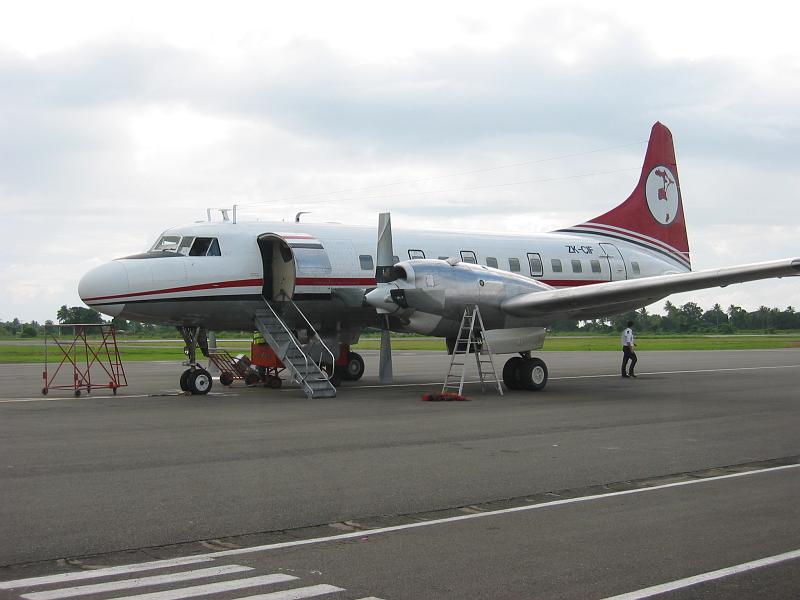 tuv01 The plane to Tuvalu is ready on the  tarmac at Suva airport, Fiji. Operated by Air Fiji, the aircraft is very comfortable, with 50 well spaced seats.